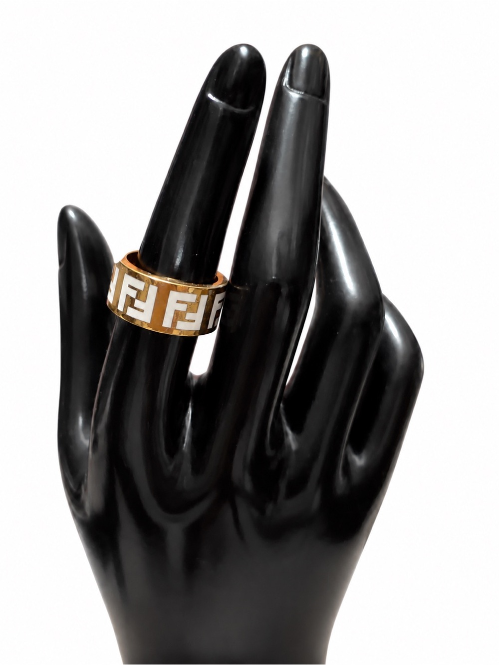 Fendi Gold and White Enamel FF Band Ring